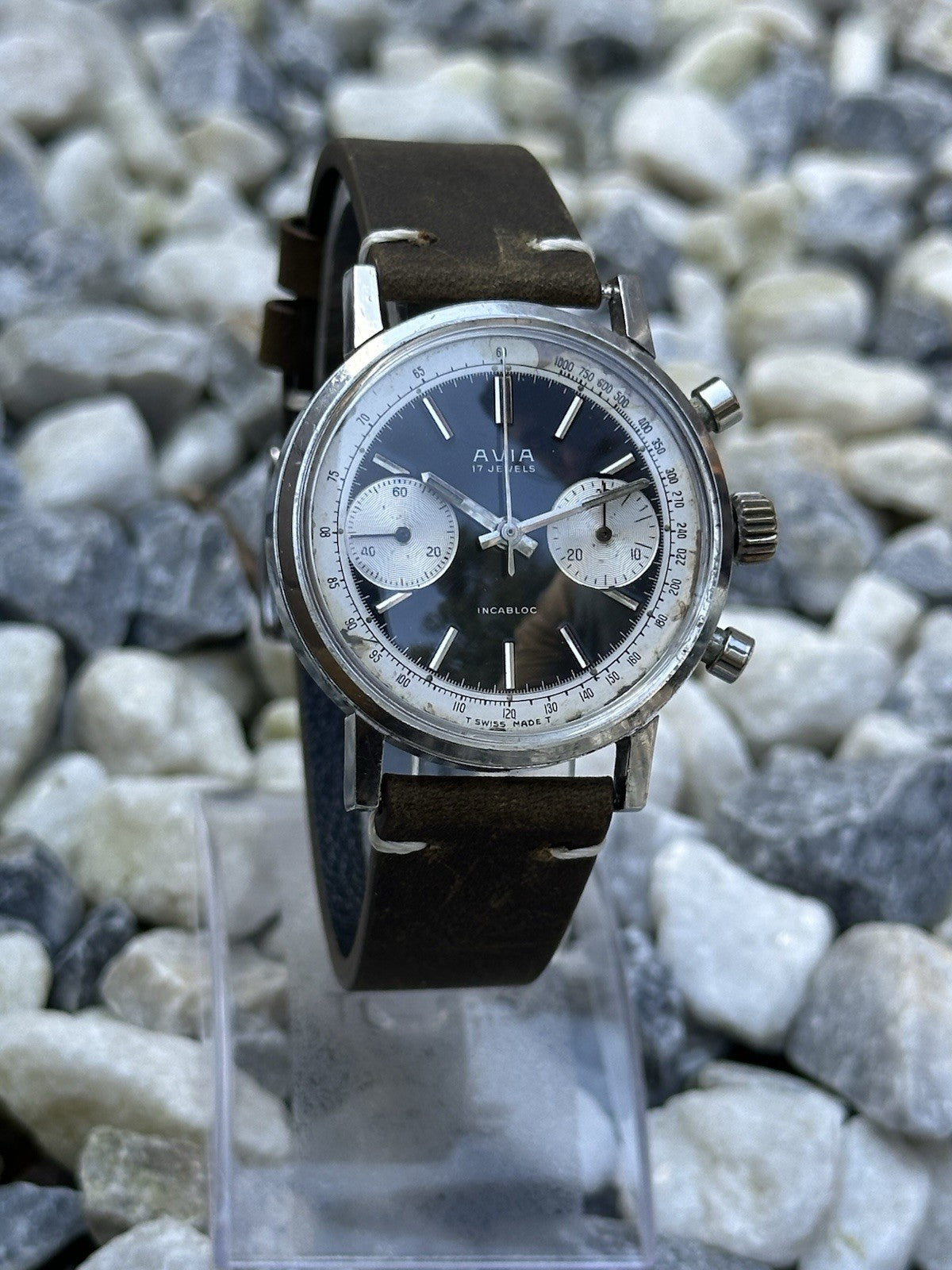 Vintage Avia Mens Reverse Panda Chronograph Watch - Landeron 149 - Working