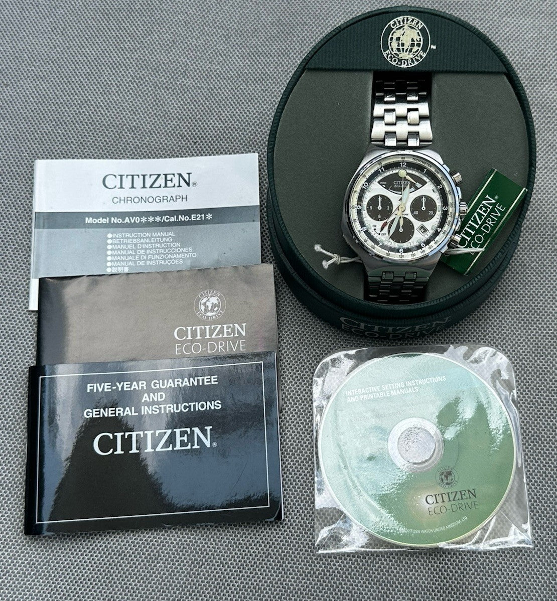 Vintage Citizen Eco-Drive 2100 Solar Mens Alarm Chronograph Watch - Full Set