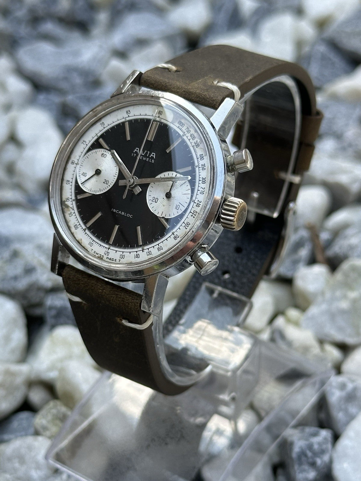 Vintage Avia Mens Reverse Panda Chronograph Watch - Landeron 149 - Working
