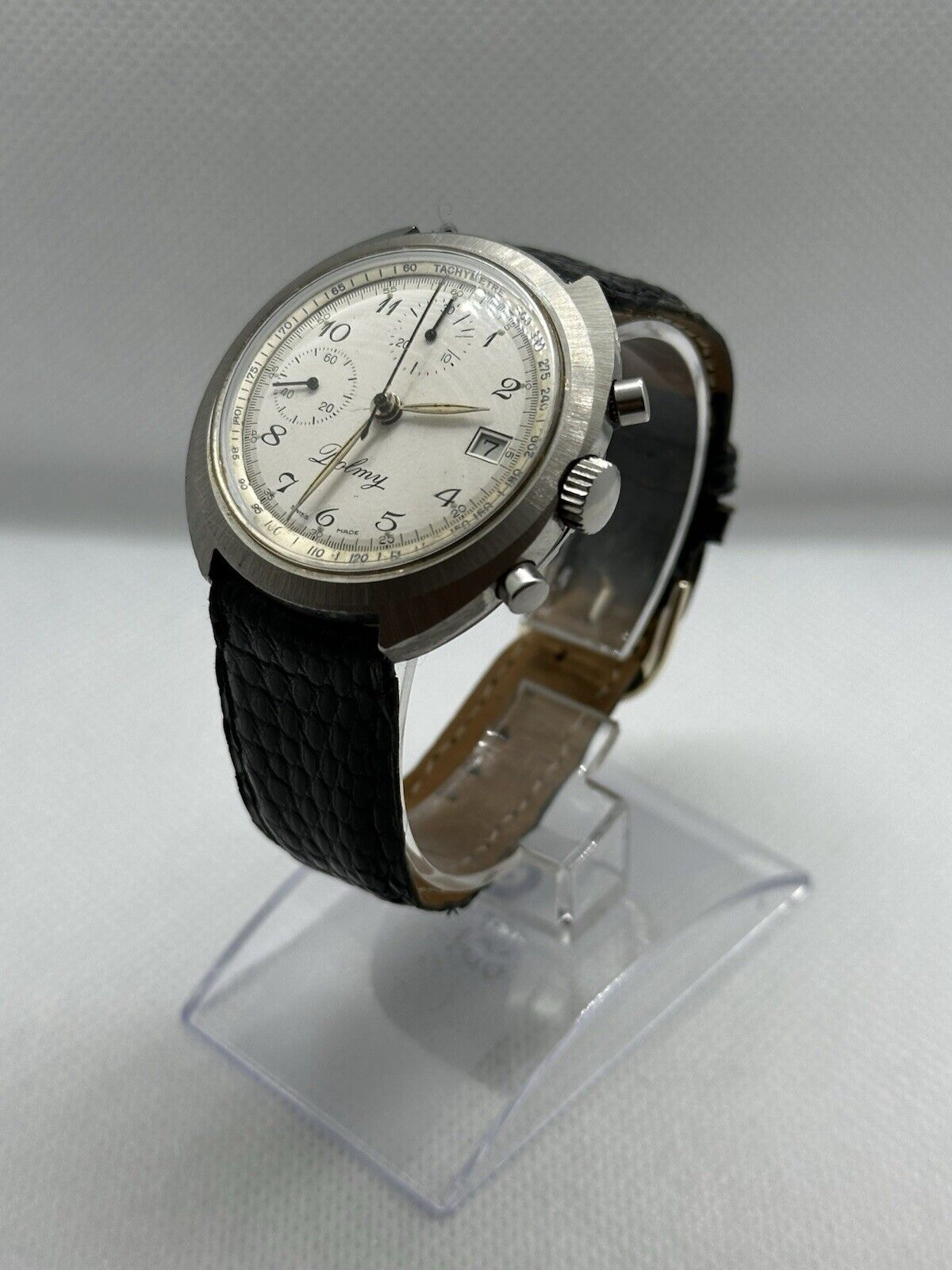 Vintage c1970s Dolmy Valjoux 7765 Chronograph Mens Watch, Lizard Strap - Running