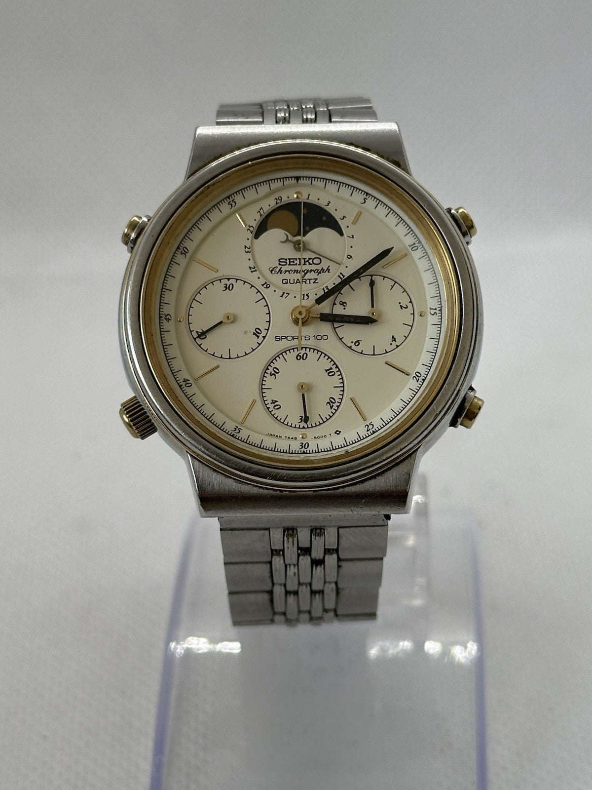 Vintage Seiko 7A48-5000 Mens Moonphase Chronograph Date Watch - Running