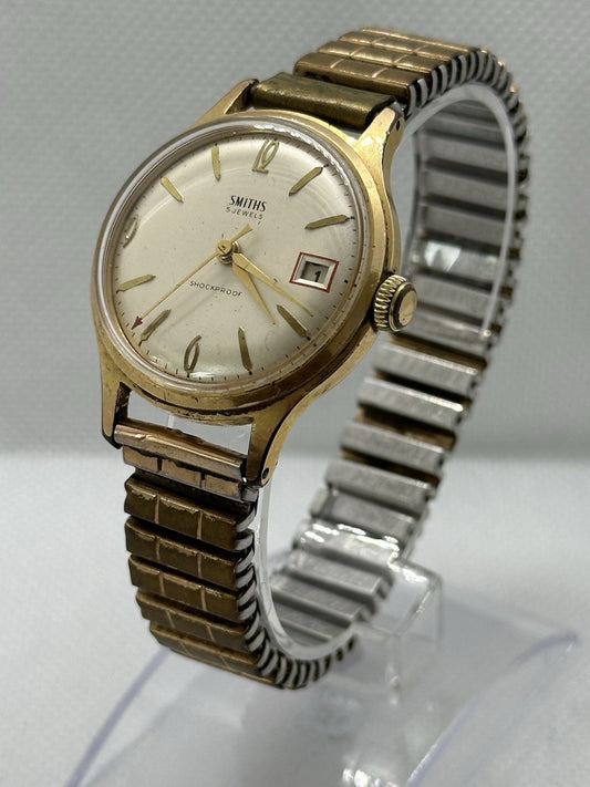 Vintage Smiths 5J Gold Plated Mens Date Watch - Working