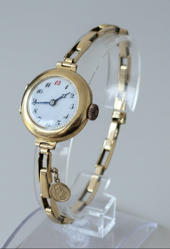Vintage 1920s 18K Gold Ladies Watch on 18K Gold Bracelet, w 9K Charm - Running