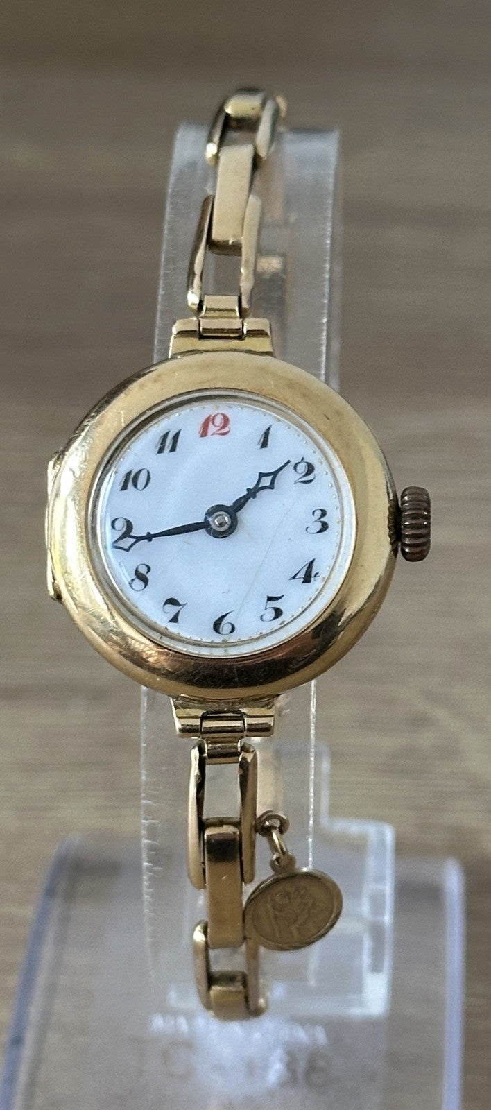 Vintage 1920s 18K Gold Ladies Watch on 18K Gold Bracelet, w 9K Charm - Running