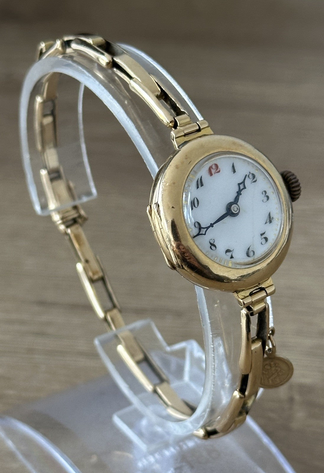 Vintage 1920s 18K Gold Ladies Watch on 18K Gold Bracelet, w 9K Charm - Running