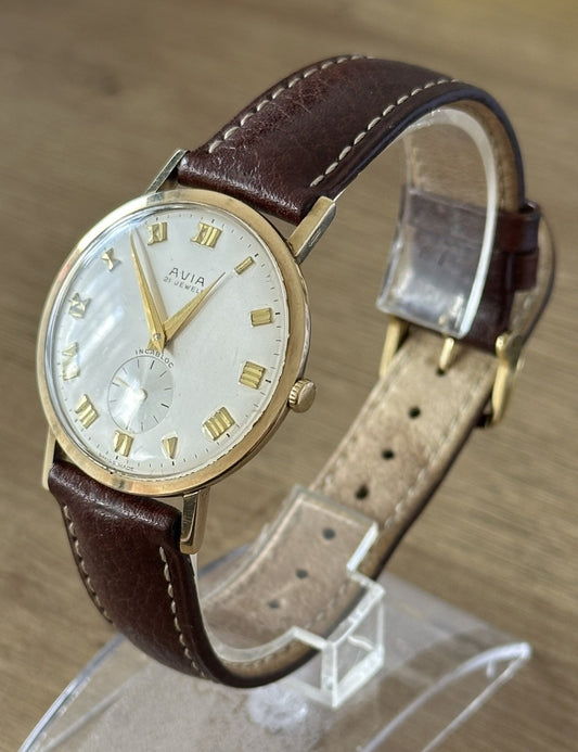 Vintage 9ct Gold Avia 21J Mechanical Mens Dress Watch
