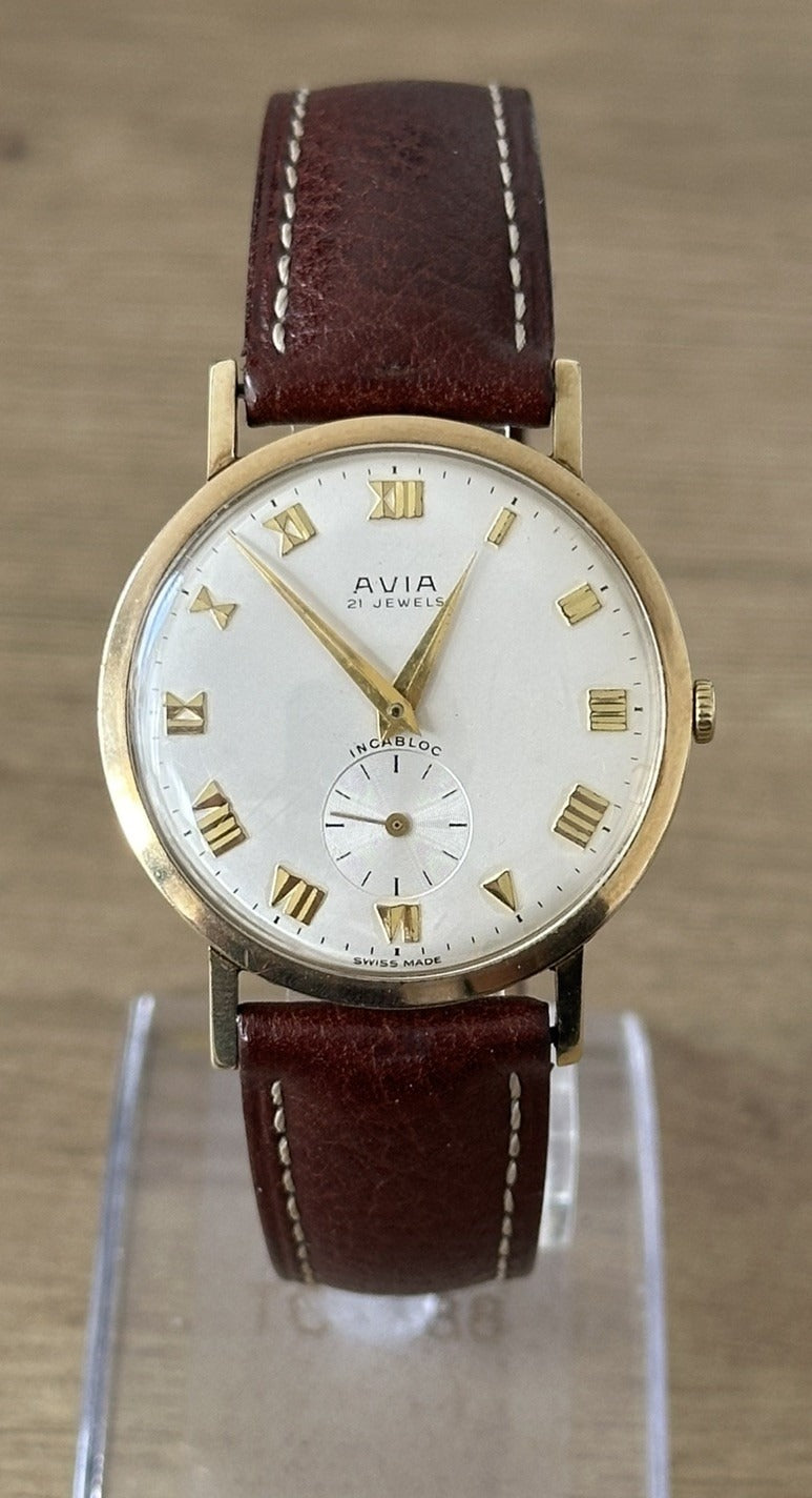 Vintage 9ct Gold Avia 21J Mechanical Mens Dress Watch