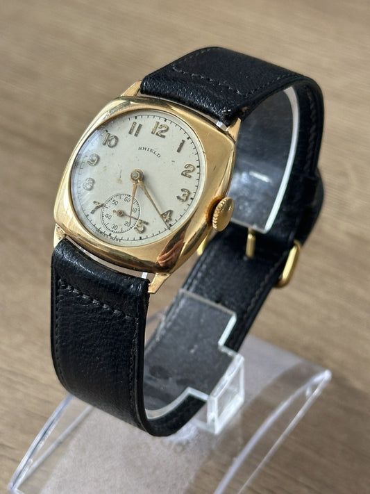 Vintage 9ct Gold Shield Mens Cushion / Trench Watch
