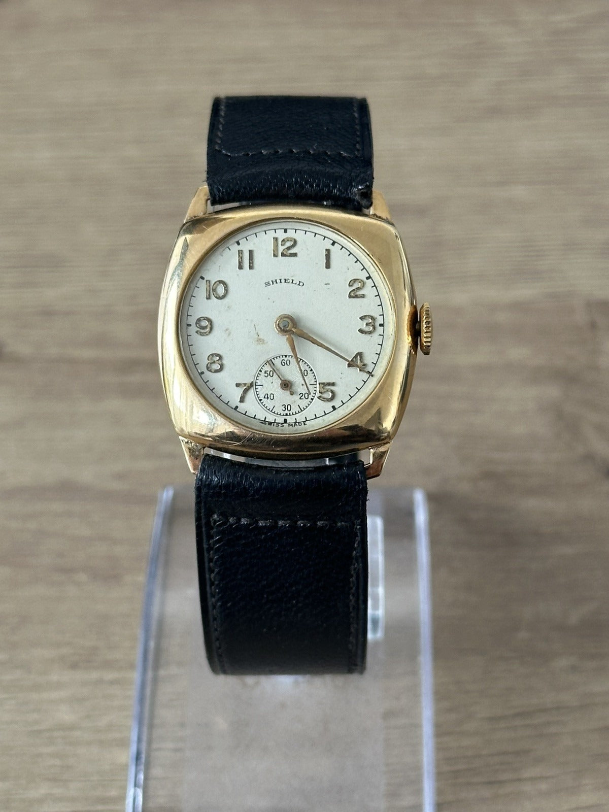 Vintage 9ct Gold Shield Mens Cushion / Trench Watch