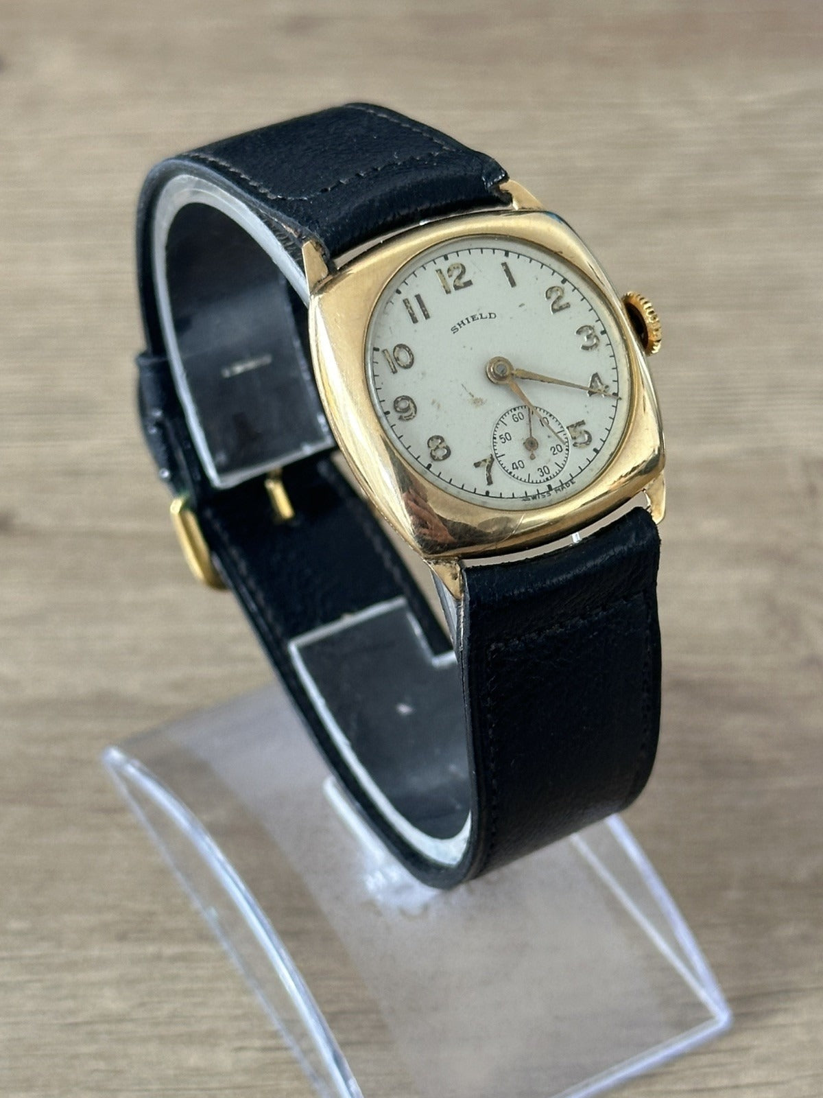 Vintage 9ct Gold Shield Mens Cushion / Trench Watch