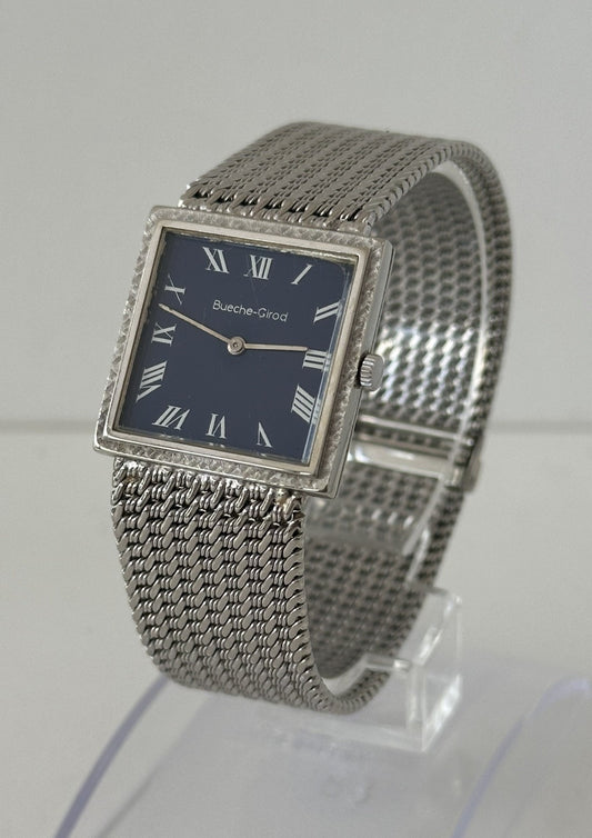Vintage 1970s 18k Solid White Gold Bueche-Girod Watch | Blue Dial | Extensive Service History