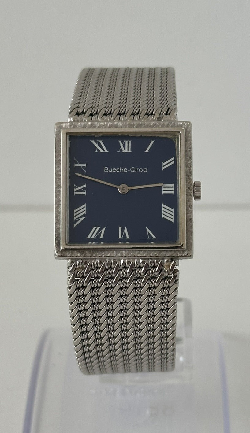 Vintage 1970s 18k Solid White Gold Bueche-Girod Watch | Blue Dial | Extensive Service History