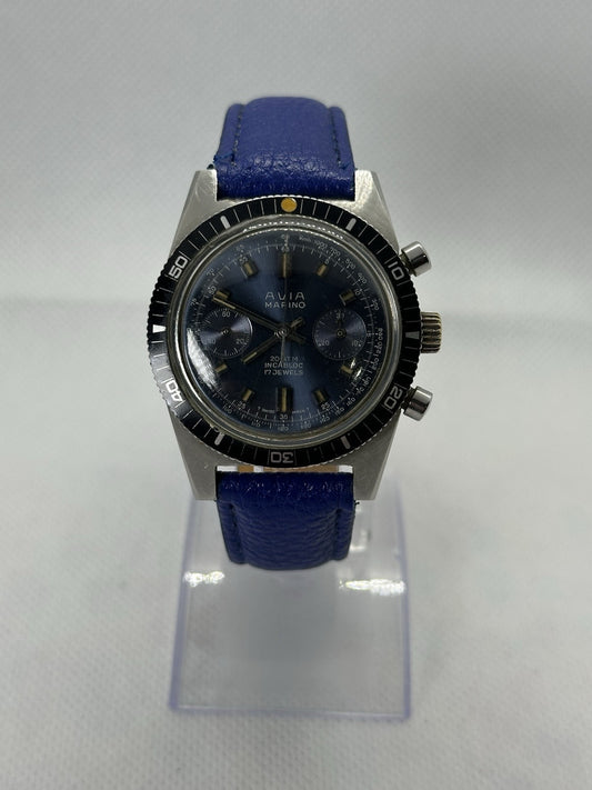 Vintage Avia Marino Mens Chronograph Dive Watch, Landeron, Blue Dial - Running